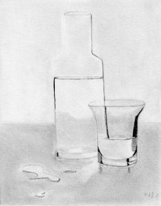 un dessin au crayon d'un verre et d'une carafe