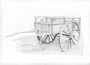 dessin d'une charrette en bois faites au crayon graphite