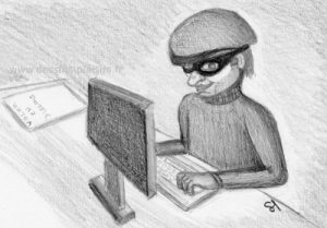 dessin d'un voleur devant son écran d'ordinateur