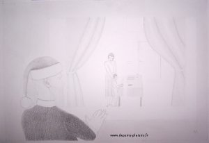 Dessin d'un père Noel regardnt par la fenetre d'une maison