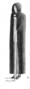 dessin au crayon graphite d'une femme sous cape