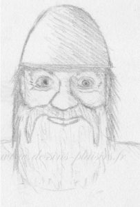 Dessin au crayon graphite d'une tête de Viking